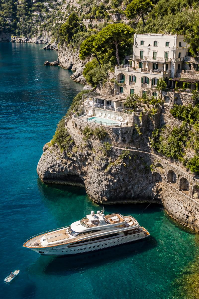 Aerial drone shot of a luxury yacht beside a cliffside villa