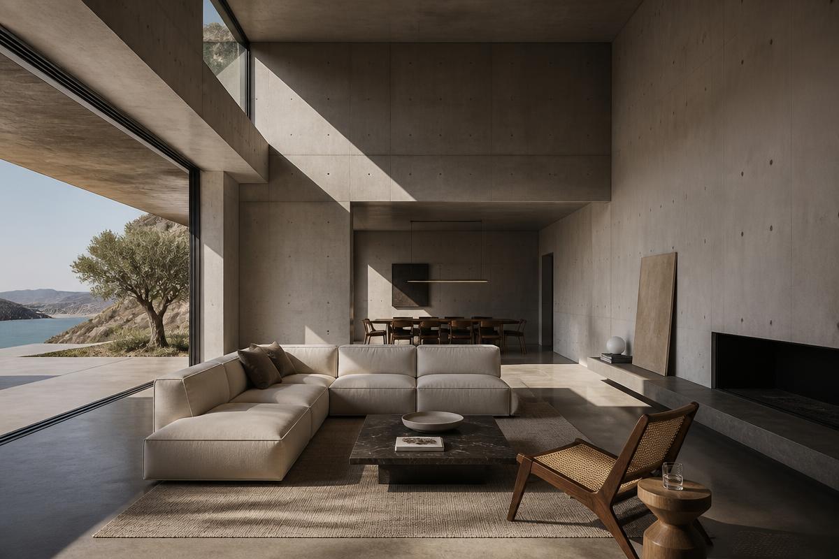 Minimalist concrete villa interior with sharp shadows