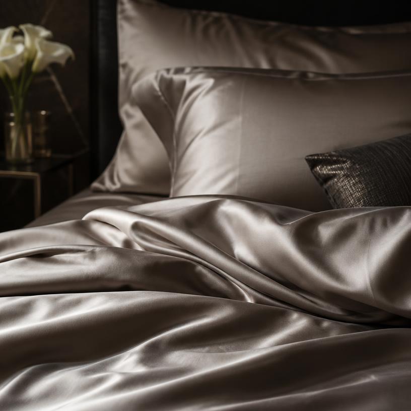 Close-up detail of high-end silk linens in a moody luxury bedroom